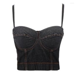 Women's Tanks Vintage Fishbone Black Denim Crop Top Sexy Slim Fit Open Back Camisole Solid Colour Stitching Push Up Short Tank Women