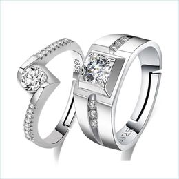 Solitaire Ring Cubic Zircon Diamond Ring Solitaire Adjustable Sier Engagement Wedding Couple Rings Mens Women Fashion Jewellery Drop De Dhrpf