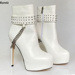 Rontic Handmade Women Winter Platform Ankle Boots Sexy Chain Rivets Stiletto Heels Round Toe White Black Club Shoes US Size 5-20