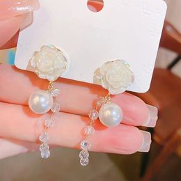 Dangle & Chandelier Beautiful White Rose Flower Pearl Crystal Tassel Long Drop Earrings For Female Bridal Wedding Party Jewelry