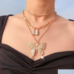 Pendant Necklaces Iced Out Chains Butterfly Necklaces Luxury Gold Women Link Tennis Chain Bling Crystal Rhinestone Animal Lock Penda Dh5Iw