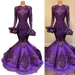 2023 Regency Purple Evening Dresses Wear Sequins Mermaid Jewel Neck Long Sleeves Illusion Lace Sequined Beads Floor Length Formal Prom Dress Party Dress