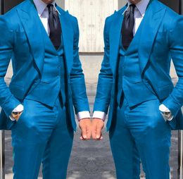 Brand New Blue Groom Tuxedos Peak Lapel Slim Fit Men's Blazer Suits Wedding Dress Prom Clothing