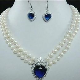white freshwater pearl necklace blue Heart Crystal earring