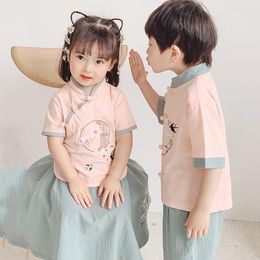 Ethnic Clothing Summer Children Tang Suit Short Sleeve Hanfu Chinese Style Stage Performance Boys Girls 2PCS