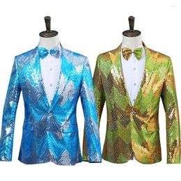 Men's Suits High Quality 2022 Blue Sequins Long Sleeves Wedding Party Groomsmen Suit Jacket/Blazer Bow With Tie Costumes For Men