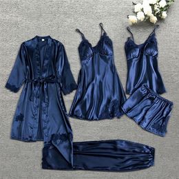 Womens Sleepwear Sexy Nightwear Fivepiece Pajamas Tops Robe Sets Silk Suit Lace Satin Pajama 221118