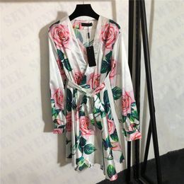 Rose Print Womens Dresses Elegant Fashion Sexy V Neck Long Sleeve Dress Party Vacation Casual Skirts For Female