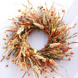 Decorative Flowers Wreaths 24 Inch Fall Front Door Grain Harvest Gold Wheat Ears Circle Garland Autumn for Wedding 221118