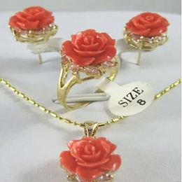 New Jewelry tibet Rose coral flower Pendant Necklace Earring Ring set 6-9#