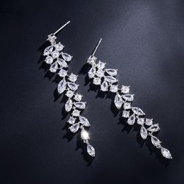 Fashion Cubic Zirconia Leaf Earrings Dangle Drop Earring for Elegant Women CZ Crystal Long Tassel Bridal Wedding Jewelry