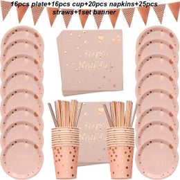 Disposable Dinnerware 78pcsset Rose Gold Party Tableware Set Cup Plates Straws Adult Birthday Decor Bridal Shower Supplies 221117