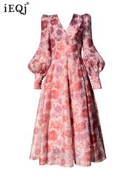 Casual Dresses IEQJ Print Romantic Elegant For Women Summer Beaded Lantern Sleeve V-neck Midi Dress Female Clothing 3W3743 221117