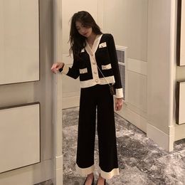 Womens Two Piece Pants Fashion womens suit spring knit fashion professional knitted wideleg pants twopiece 221117