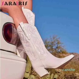 SaraIris Big Size 43 Brand Women Western Boots Embroidery Chunky High Heels Platform Shoes Fashion Retro Rome Cowboy Boots Y220817