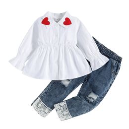 Clothing Sets Kids Baby Girls Casual Two piece Clothes Set White Heart Pattern Button down Collared Peplum Tops and Lace Hem Jeans 1 6T 221118