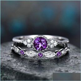 Solitaire Ring Birthday Stone Cubic Zircon Ring Diamond Jewellery Set Couple Engagement Wedding Rings Women Fashion Drop Delivery Dhchm