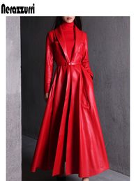 Women's Leather Faux Nerazzurri High Quality Red Black Maxi Pu Trench Coat for Women Long Skirted Elegant Overcoat Fashion 5xl 6xl 7xl 221117