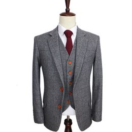 Mens Suits Blazers Wool Retro Grey Herringbone Tweed British style custom made suit tailor slim fit Blazer wedding suits for men 3 piece 221118