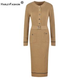 Casual Dresses Fall Quality Design 3 Colours Elegant O-neck Sheath Knitting Fabric Long Skinny Belt Dress 221117