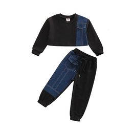 Clothing Sets 2Pcs Kids Spring Outfits Denim Patchwork Crew Neck Long Sleeve Sweatshirt Casual Pants Set for Baby Boys Girls 1 6 Years 221118