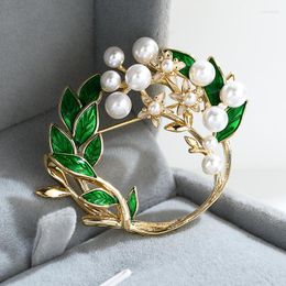 Brooches Vintage Enamel Green Plant Pearl Flower Brooch Fashion Creative Leaf Wreath Ladies Jewelry Gifts