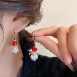 S3331 Gold Plated S925 Silver Needle Dangle Earrings For Women Stud Sweet Zircon Chiristmas Snowman Pearl Earrings