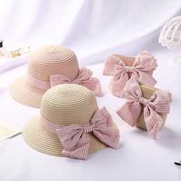 Hats Children Straw Hat Bag Summer Beach Sunscreen Bucket Cap Colorful Flower Bowtie Breathable For Baby Panama Caps