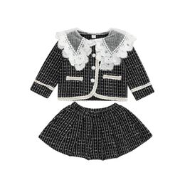 Clothing Sets Infant Kids Girls 2Pcs Outfit Lace Ruffle Neckline Button Closure Long Sleeve Plaid Elegant Outerwear Elastic Waist Skirt 1 6T 221118