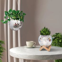 Vases Disco Ball Flower Planter Pots Rope Mirror Hanging Basket Pot For Indoor Plants Bohemian Style Garden Decor Vase 221118