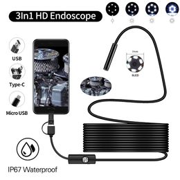 7MM Endoscope Camera USB Mini Waterproof 0.5-10M Hard Soft Cable Snake Tube Inspection Borescope Cameras For Car Android Smartphone Loptop PC Notebook 6 LEDs