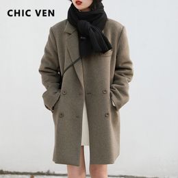 Women's Wool Blends CHIC VEN Women Woollen Coat Solid Retro Clip Cotton Double-breasted Long Thick Warm Winter Overcoat Padded Office Lady 221117