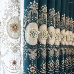 Curtain Luxury Embroidered Royal Blue Embossed Floral Curtains For Bedroom European Thick Chenille Balcony French Window Drapes