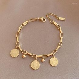 Link Bracelets 2022 Stainless Steel Layered Golden Pendant Bracelet For Women Retro Punk Gothic Portrait Coin Cross Pearl Jewellery