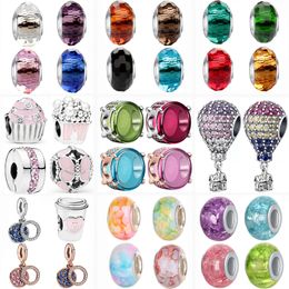 The New Popular 925 Sterling Silver Color Glass Ball Balloon Pink Charm Is Suitable for Primitive Pandora Bracelet Girl Jewelry Gift