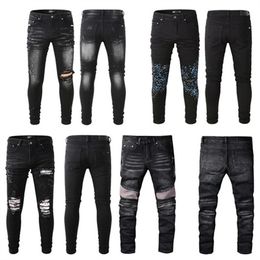 Новые джинсы Мужские черные брюки дизайнерские джинсы расстроенные рваные байкерские байкеры Slim Fit Motorcycle Denim Fash