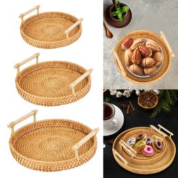 Storage Baskets Handwoven Rattan Tray Fruit Cake Wicker Basket With Handle Dinner Serving Breakfast Bread Food Plate Round Shape 221118