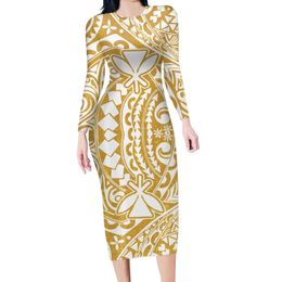 2023 New Arrivals Fashion Women Elegant Neckline Off Shoulder Long Sleeve Printed Polynesian Tribal Women's Party Pencil Dress 1118