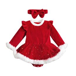 Rompers 2Pcs Infant born Baby Girls Christmas Outfit Plush Patchwork Long Sleeve Romper Dress Hairband Set for Toddler 0-24 Months 221117