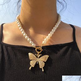 Pendant Necklaces Butterfly Imitation Pearl Necklaces Iced Out Pendant Luxury Gold Women Bling Rhinestone Animal Jewellery Fashion Par Dhdvs