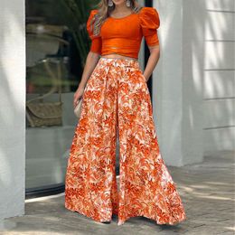 Women's Two Piece Pants 2022 Spring Summer Short Sleeve Suit Women O Neck Puff Crop Top With Printed Trousers Set Wide Leg Outfits
