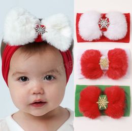 Christmas Baby Girls Fluffy Wide Headwrap Snowflake Plush Bowknot Turban Soft Faux Fur Elastic Hair Band Bow Headband Headwear