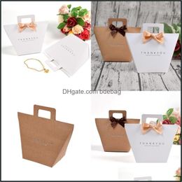 Gift Wrap Gift Packing Handbag Gilding Kraft Paper Souvenir Bags Solid Colour Per Jewellery Bag With Bow Brown White Arrival 0 72Hb F2 Dh7F9
