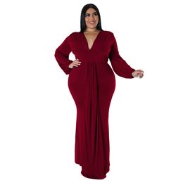 Women Plus Size Maxi Dresses Casual Long Sleeve V Neck Ruched Bodycon Cocktail Sexy Party Dress