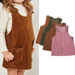 Girl s Dresses FOCUSNORM Autumn Spring Kids Girls Lovely Overalls Dress Solid Button Pocket Corduroy Straight Mini Sundress 4 Colours 0 4Y 221118