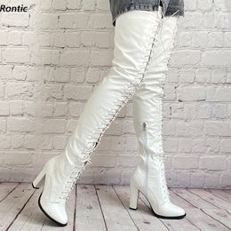 Rontic Handmade Ladies Winter Thigh Boots Lace Up Chunky Heels Round Toe Beautiful White Casual Shoes US Size 5-20