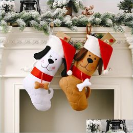 Christmas Decorations Christmas Stocking Embroidered Dog With Santa Hat Pattern Xmas Tree Hanging Pendant Ornament Gift Bag 4804 Q2 Dhvhz