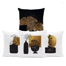 Pillow Golden Ginkgo Leaves Black And White Cover 45X45 Cm Vases Velvet Home Decor For Bedroom Personalized Baby Case