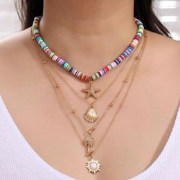 Choker Vintage Multilayered Necklace Set For Women Sun Starfish Shell Pendant Soft Pottery Bohemia Trend Jewelry AM3193