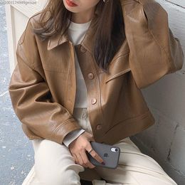 Women's Leather Korean Chic Autumn Lapel Single Breasted Loose Casual Long Sleeved Motorcycle Jacket Short Coat Women Brown Top